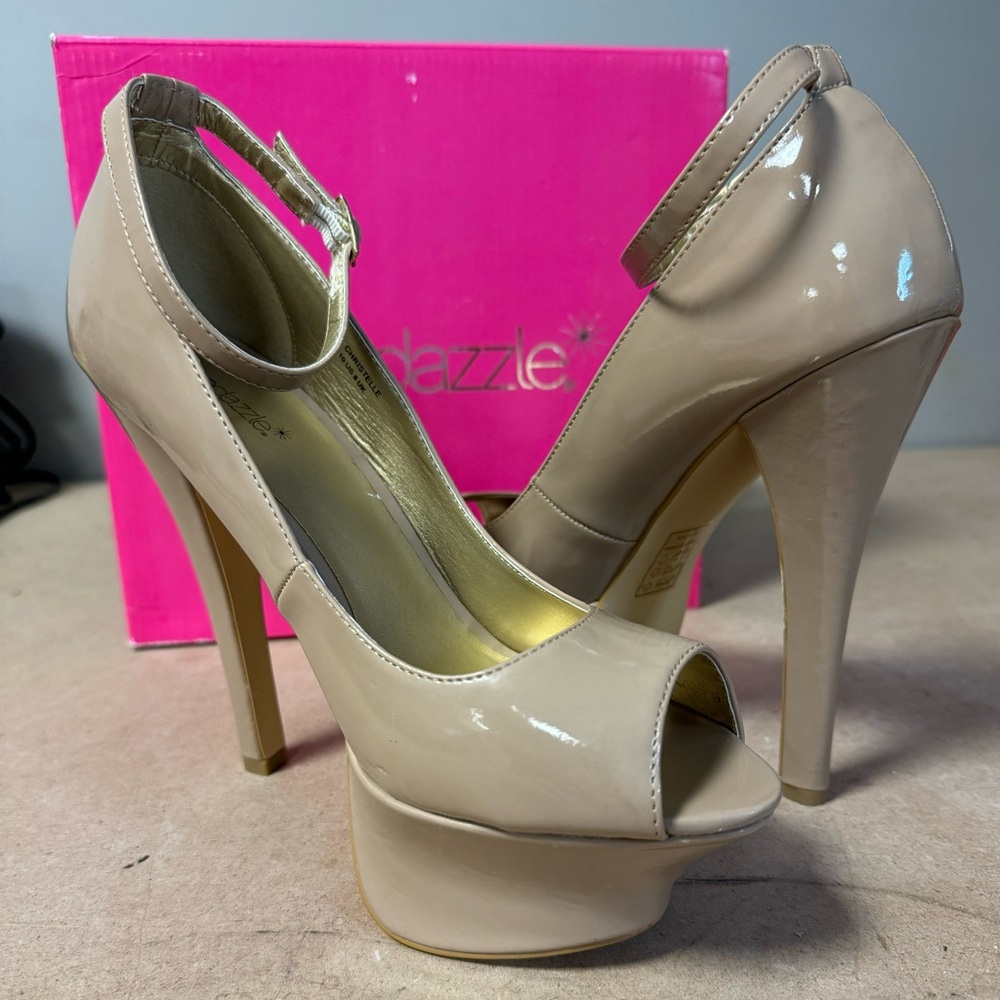 Nude platform peep toe high heels with ankle straps, size 10